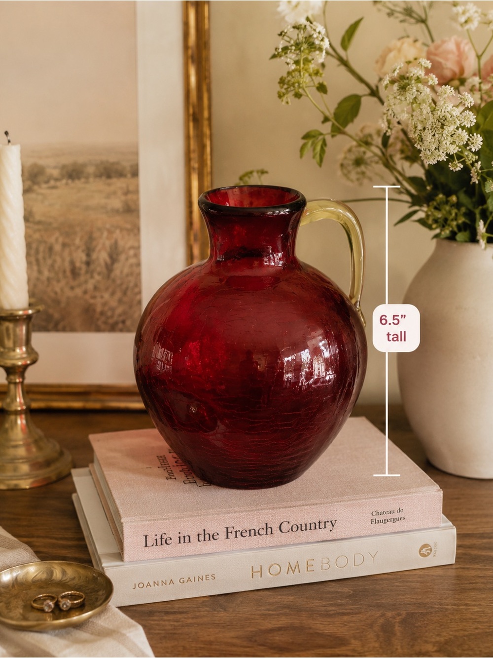 Elegant Red Glass Pitcher Vase with Handle, approx 6.5” tall